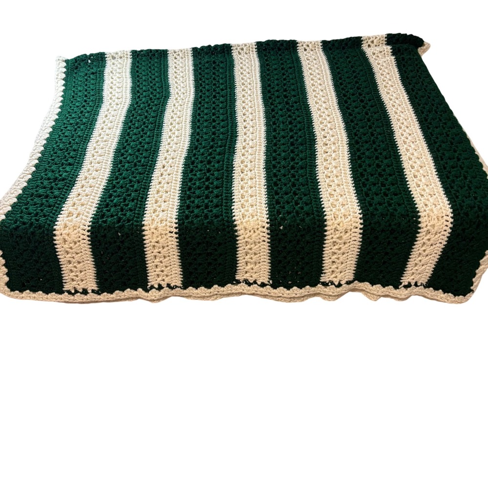 Handmade Crochet Striped Throw Blanket Forest Green Cream Scalloped Edge Afghan